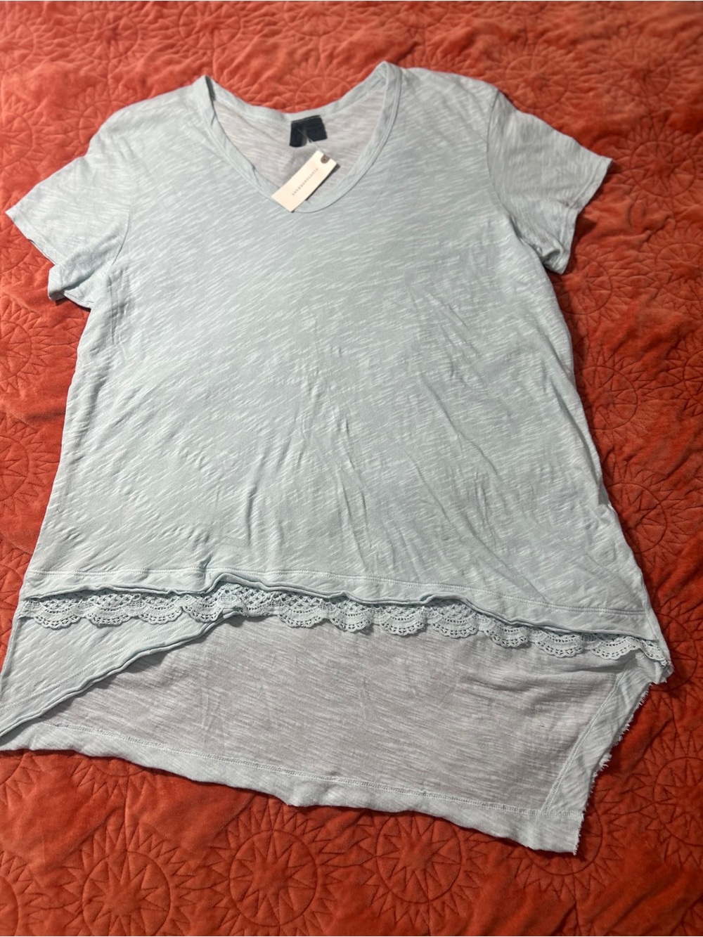 Anthropologie Pale Blue V-Neck High-Low Tee with Lace Hem Sz. L